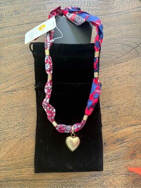 NWT Gemelli Gold Heart Pendant Necklace with Pink and Blue Patterned Fabric